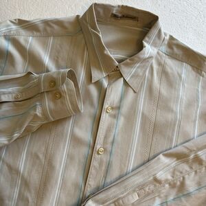 Tommy Bahama Authentic Mens XL Long Sleeve Button Up Striped Tan Sand Silk Shirt